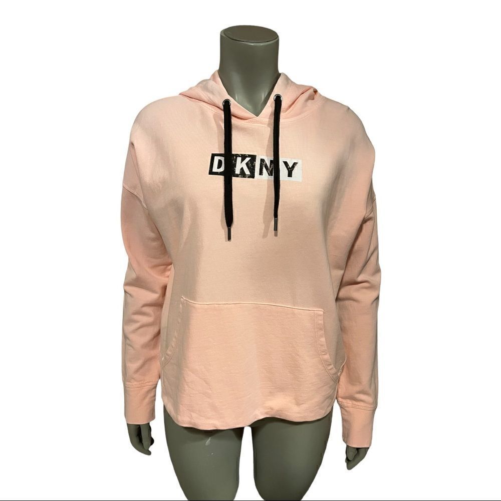 DKNY Sport Orange Pigment Dyed Two Tone Logo Distressed Hoodie Womens Small NWT